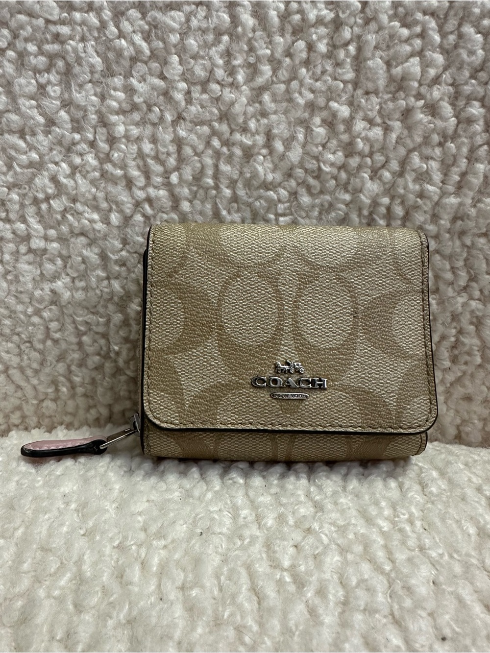 Coach Beige Signature Small Fold Wallet with Silver Logo